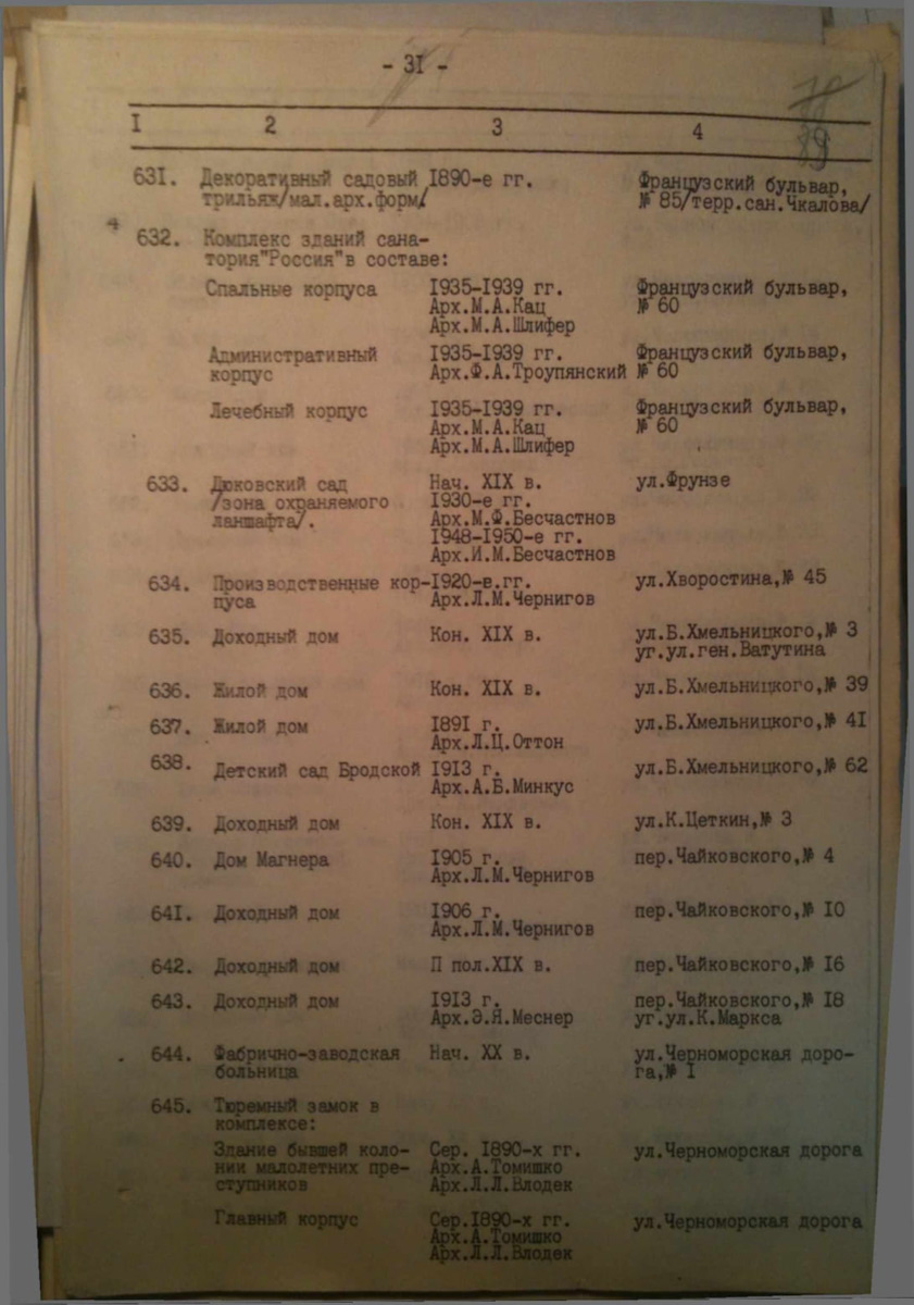 Одесса — Материалы по охране культурного наследия (Одесса и Одесская область)